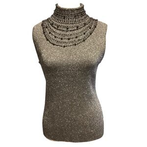 Grace Metallic Silk Blend Beaded Mock Neck Sleeveless Top Size L